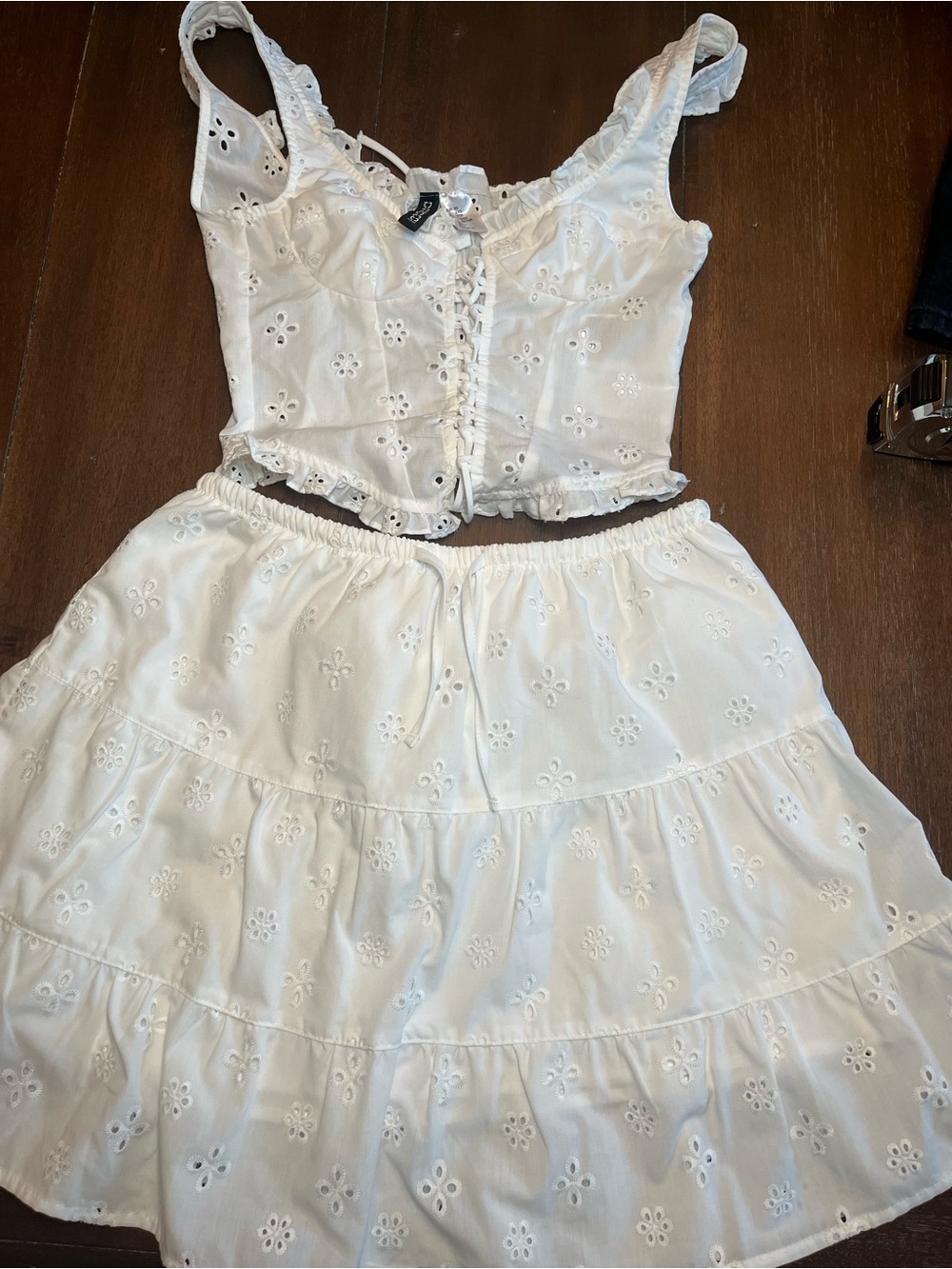 H&M Divided White Eyelet Corset Crop Top & Tiered Skirt Set XXS XS